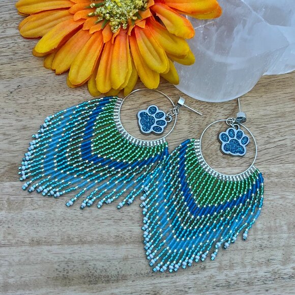 Handmade Beaded Long Fringe Paw Love Dangle Drop Lightweight Post Hoop Earrings - Picture 5 of 8